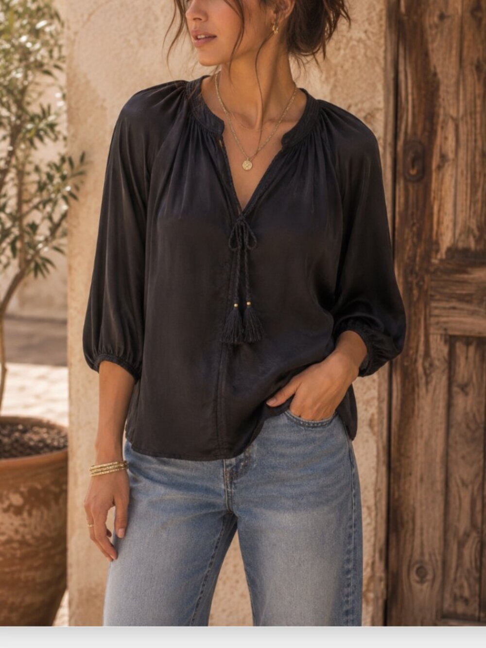 Johnny Was Calme Tassel Peasant Blouse NWT Size S Black Boho Designer Top